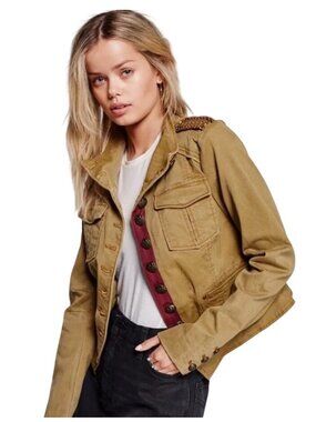 Free People Shrunken Officer Military Jacket Sand Olive Embellished Buttons M